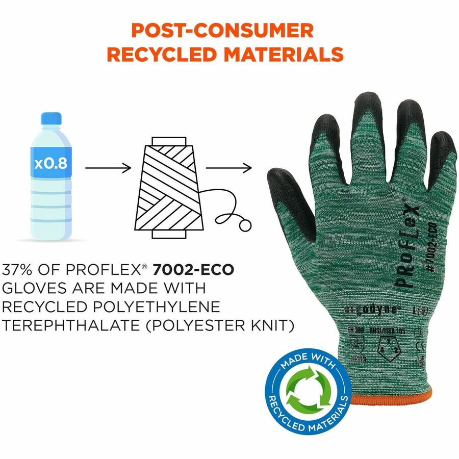 Ergodyne 7002-ECO Recycled PU-Coated Gloves, XXL, Green, Touchscreen Capable, Polyurethane Palm, 15-Gauge, Cut and Abrasion Resistant, Machine Washable, 2 Pairs