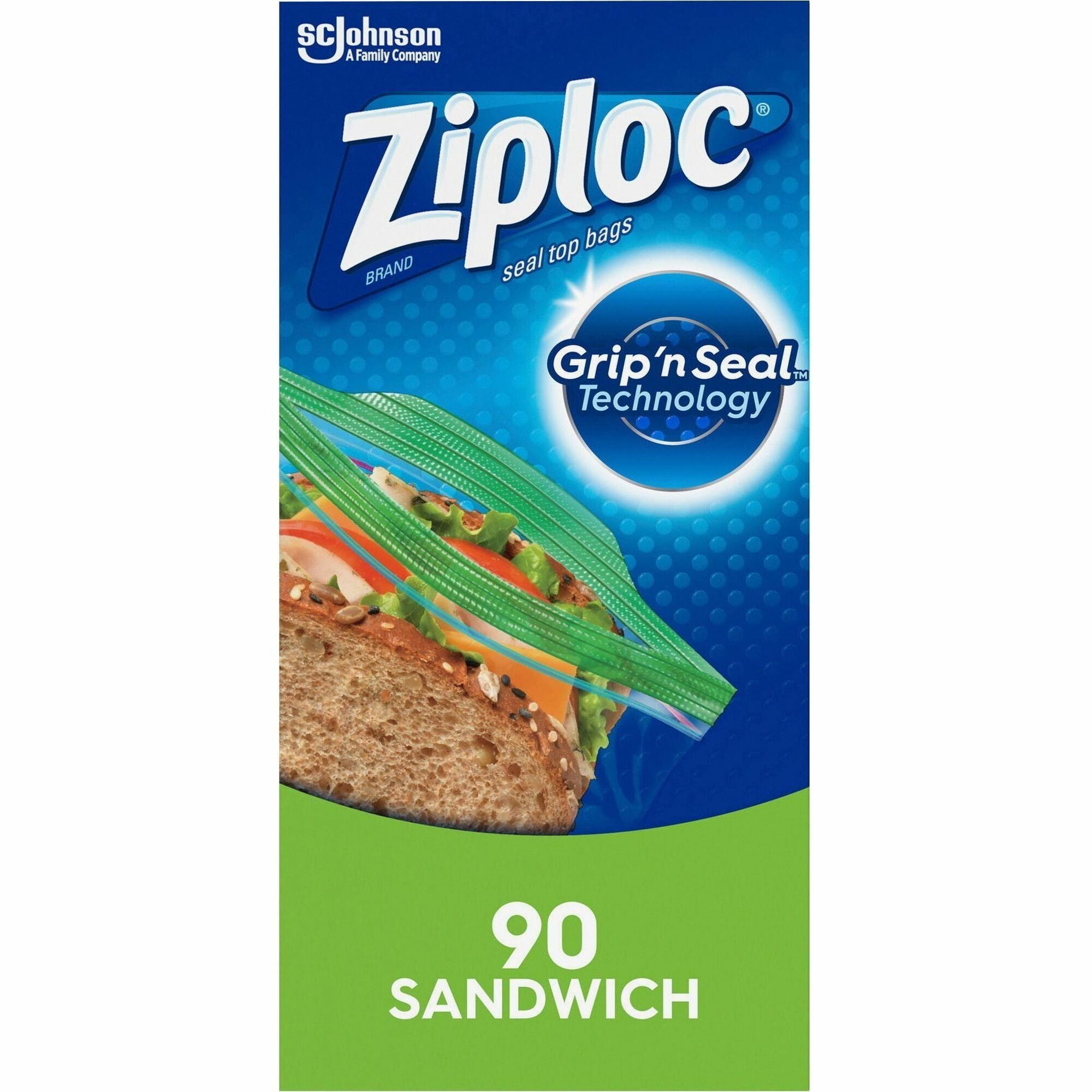 Ziploc Sandwich Bags, Grip n' Seal, Double Zipper, Clear, 6.50" x 5.87", 90 Bags/Box, 12 Boxes/Carton