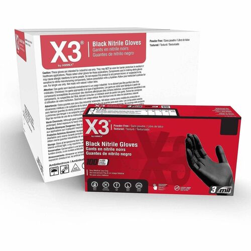 X3 Industrial Black Nitrile Disposable Gloves, 3 mil, 8.6" Length, Medium, Latex-Free, Micro-Roughened Texture, Polymer-Coated, Lightweight, Tear-Resistant, For Industrial, Food Service, Painting, Janitorial & Automotive Use - 10 Boxes/Carton