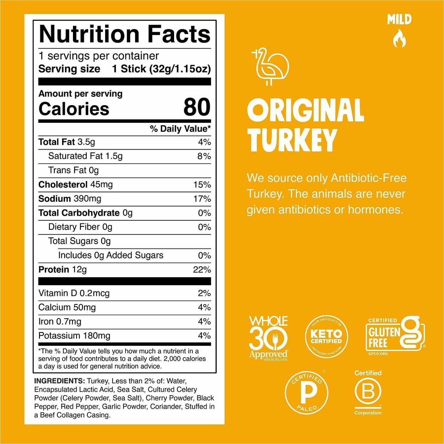Gluten-free, No MSG, Preservative-free, Dairy-free, Low Sodium, Low Fat - Original Turkey - 1.15 oz - 24 / Pack