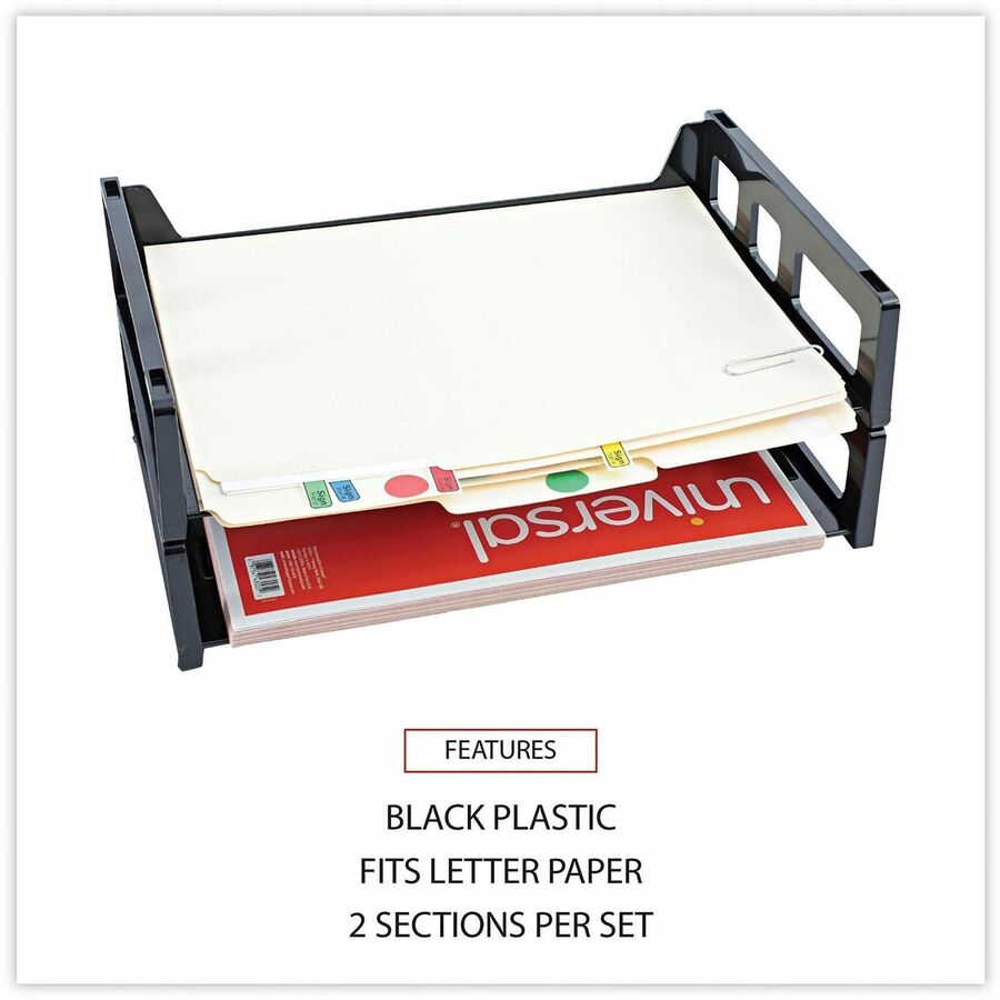 Universal Desk Tray, 2 Compartments, 2.75" x 13" x 9", Black Plastic, 2 Pack