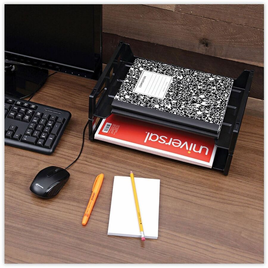 Universal Desk Tray, 2 Compartments, 2.75" x 13" x 9", Black Plastic, 2 Pack