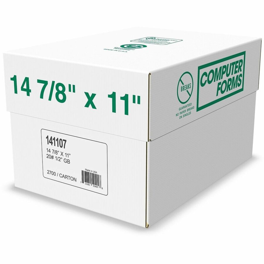 92 Brightness - 11" x 14 7/8" - 20 lb Basis Weight - Green Bar, Chlorine-free, Acid-free, Archival-safe, Unperforated, Break-free, Single Ply - White, Green - 2700 Sheets - 2700 / Carton