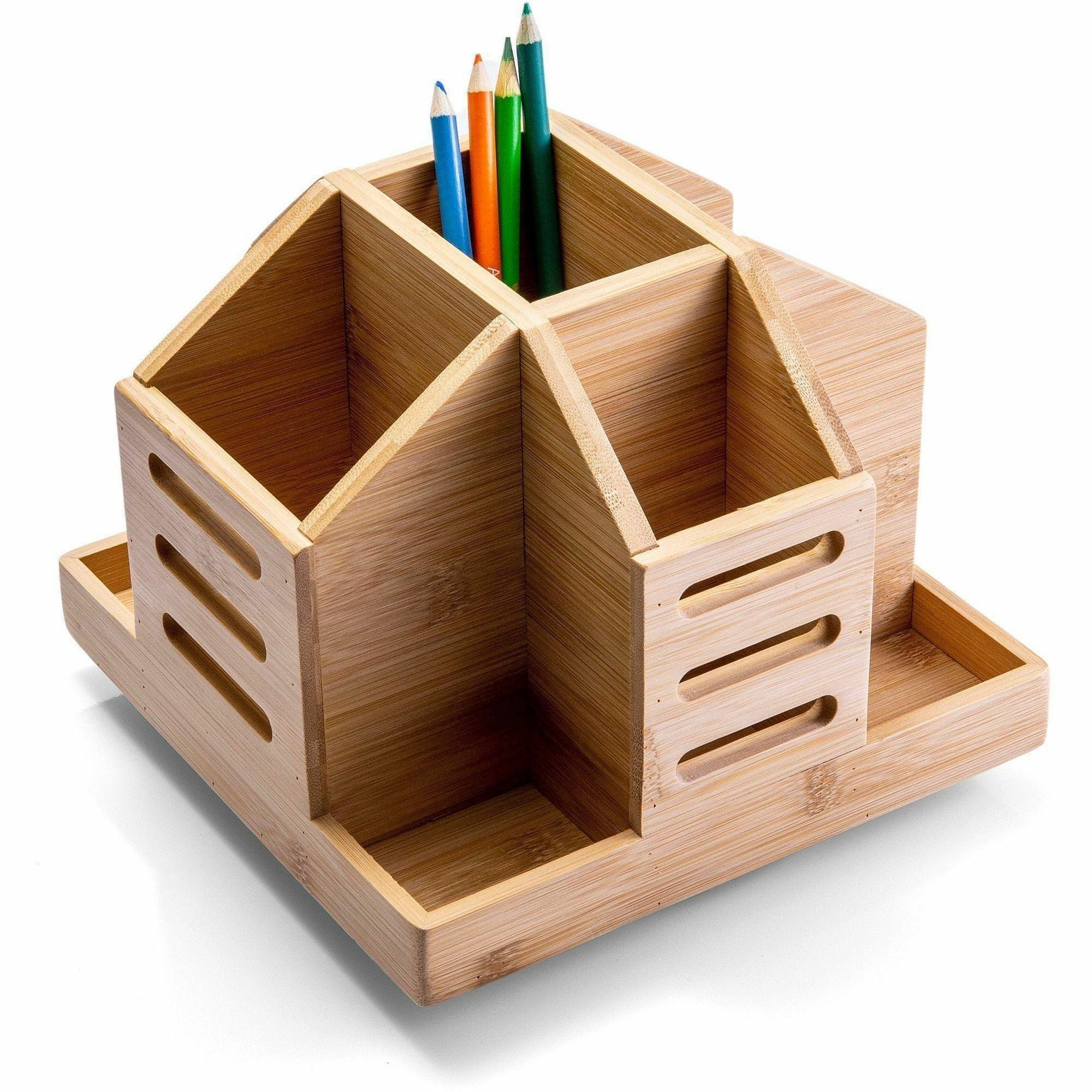9 Compartment(s) - 6.30" Height x 13" Width x 8.80" Depth - Rotate, Durable, Desk Space - Natural Wood Grain - Bamboo - 1 Each