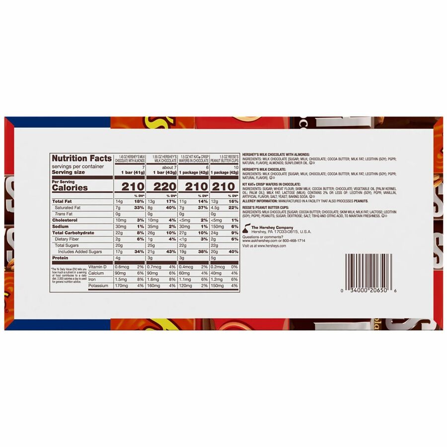 Hershey Chocolate Assortment, Milk Chocolate, Peanut Butter, Milk Chocolate with Almond, 2.81 lb, 30 Bars per Carton
