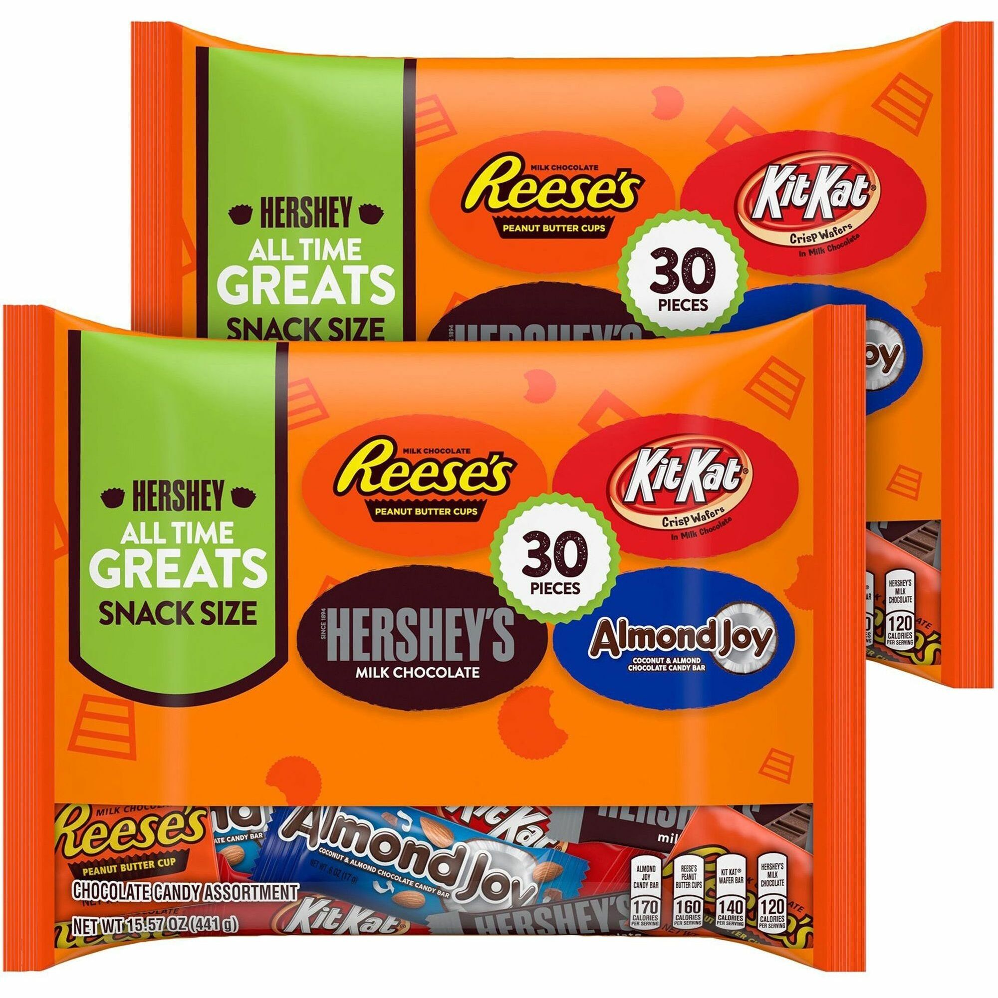 Hershey Chocolate Assortment, Milk Chocolate & Peanut Butter, Individually Wrapped, 15.92 oz, 30 Bags per Carton, 2 Cartons
