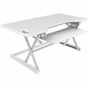 Rocelco Sit/Stand Desk Riser, White, 45.7" Wide x 23.6" Deep x 20" High, 45 lb Load Capacity, Ergonomic, Adjustable, Retractable Keyboard Tray, Cable Management, Grommet, Supports 3 Displays, 1 Each