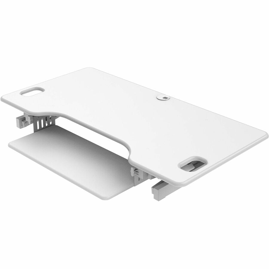 Rocelco Sit/Stand Desk Riser, White, 45.7" Wide x 23.6" Deep x 20" High, 45 lb Load Capacity, Ergonomic, Adjustable, Retractable Keyboard Tray, Cable Management, Grommet, Supports 3 Displays, 1 Each