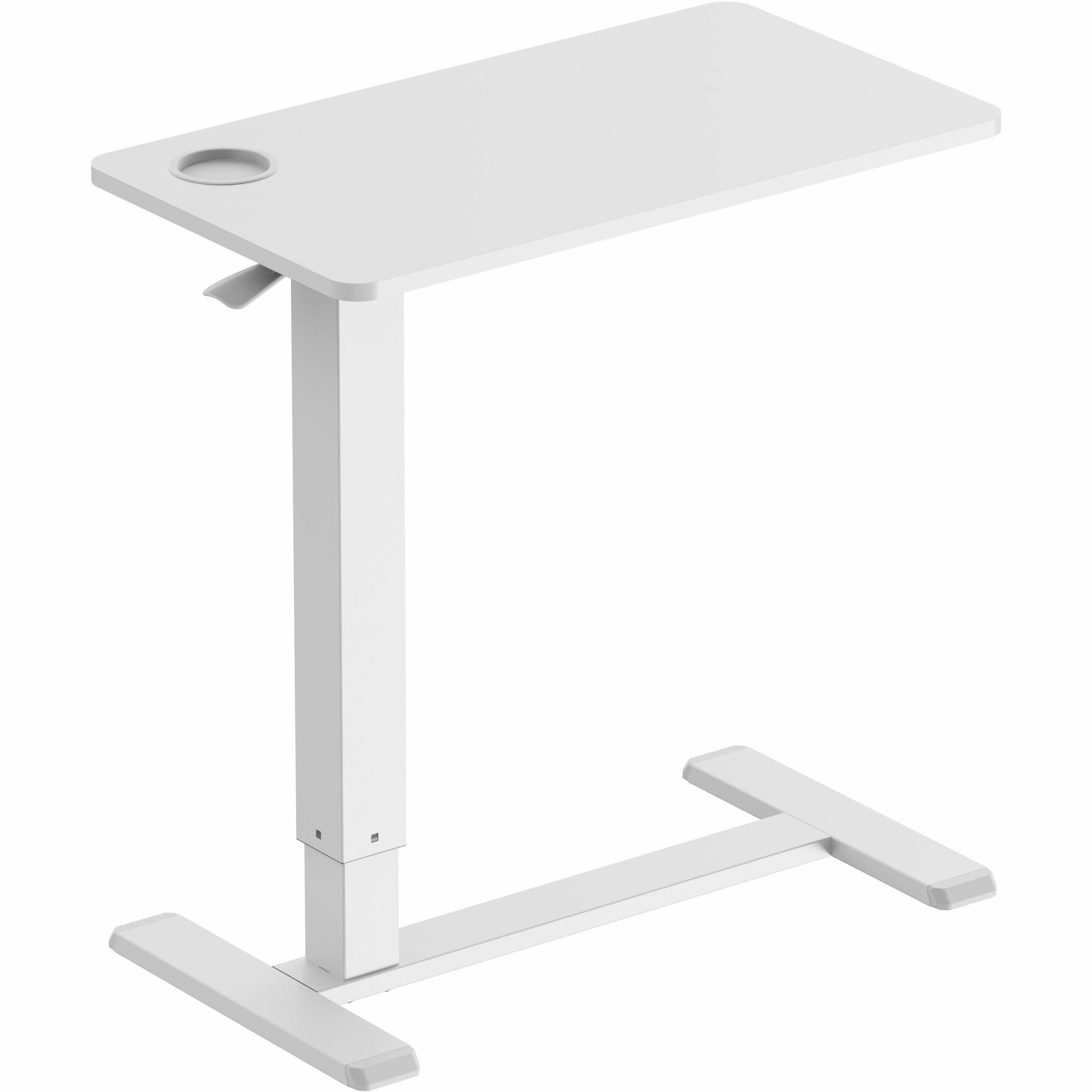 Kantek Mobile Pneumatic-Lift Side Desk/Table, Height Adjustable, 28" x 15.7" Laminated Melamine Top, White, Steel Frame, Cup Holder, Hidden Casters, 15 lb Capacity, 1 Each