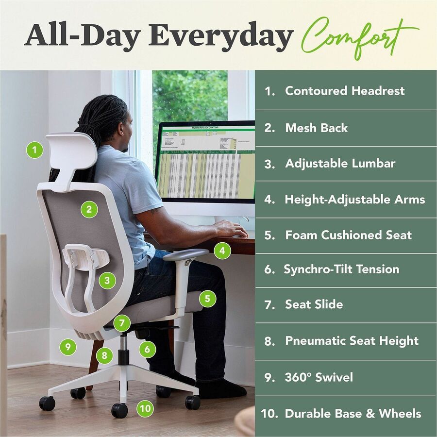 HON Altern Task Chair, Mid Back, Gray Mesh Back, Gray Fabric/Foam Seat, White Frame, Adjustable Armrests, Lumbar Support, Tilt Mechanism, 1 Each