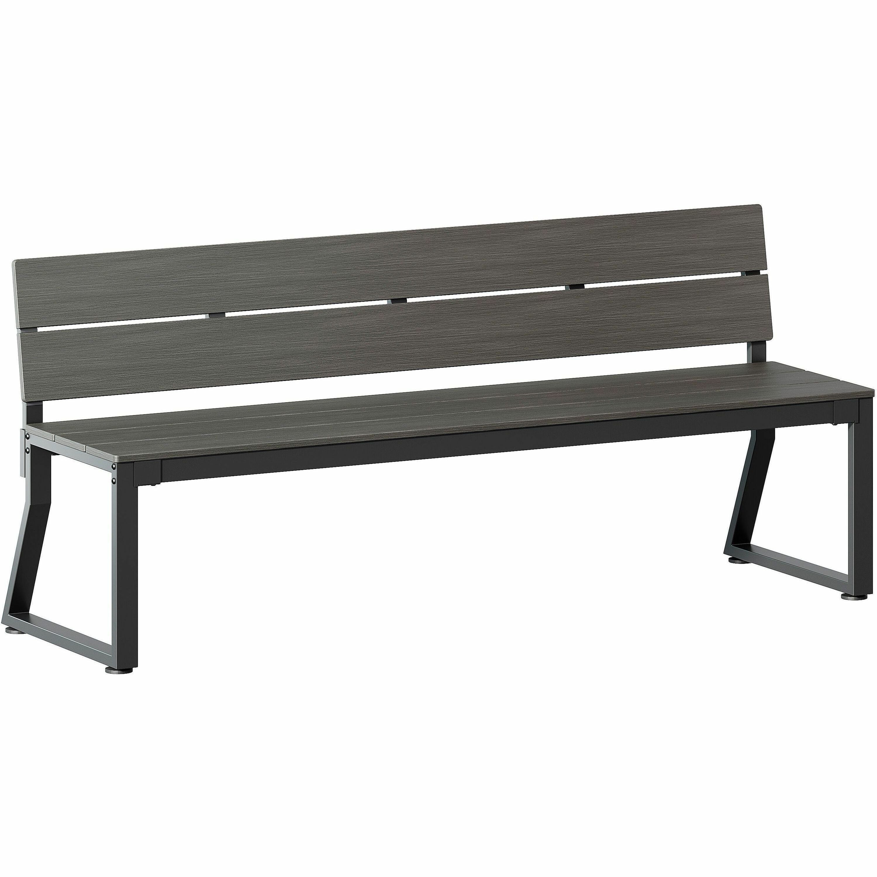 Lorell Faux Wood Outdoor Bench, Gray, 17.8" H x 72" W x 17.8" D, Polystyrene and Steel, Backrest, Easy to Clean, Sturdy, 1 Each