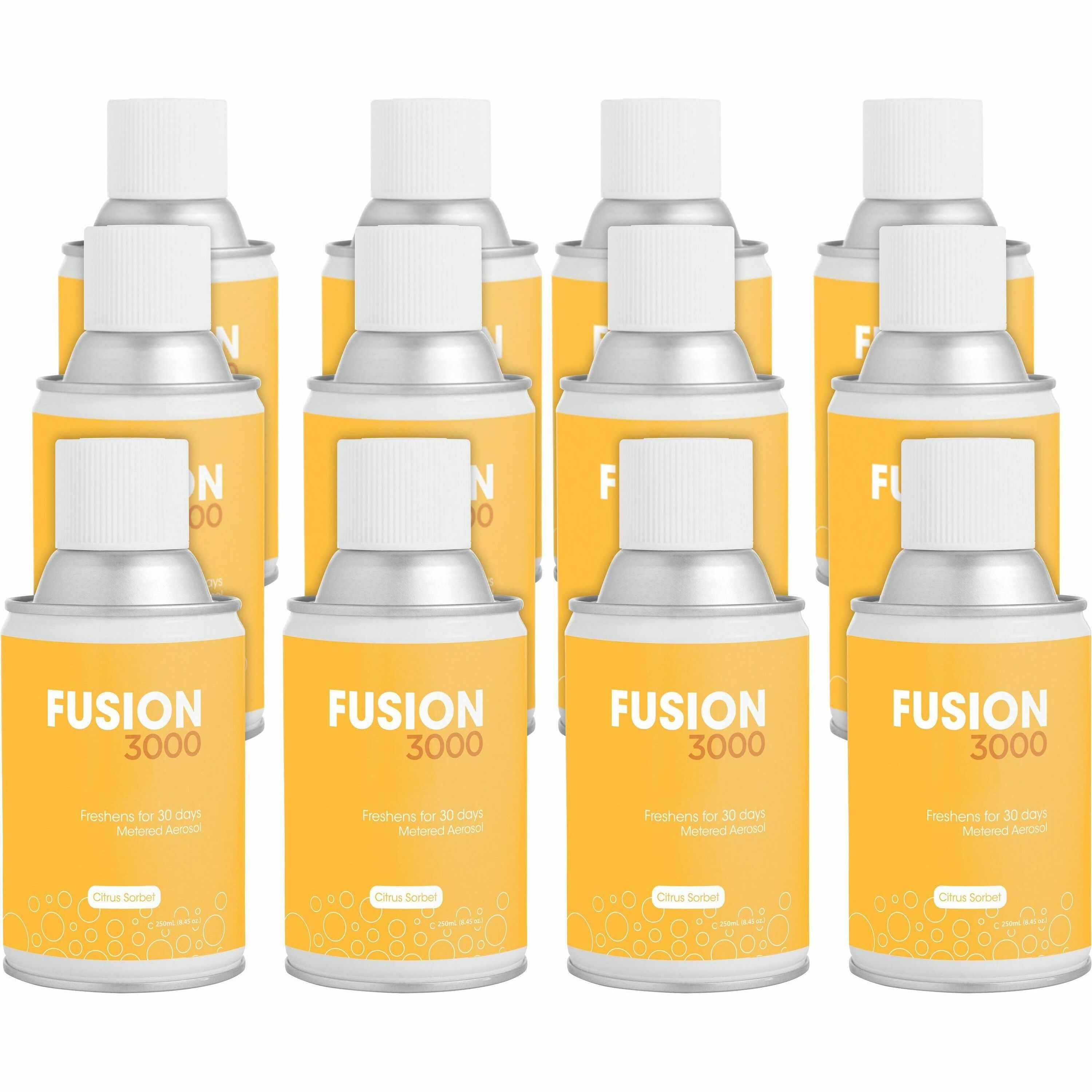 Fresh Products Fusion 3000 Metered Aerosols, Citrus Sorbet Scent, 30 Day, Odor Neutralizer, VOC Compliant, Covers 6000 ft³, 12 per Carton