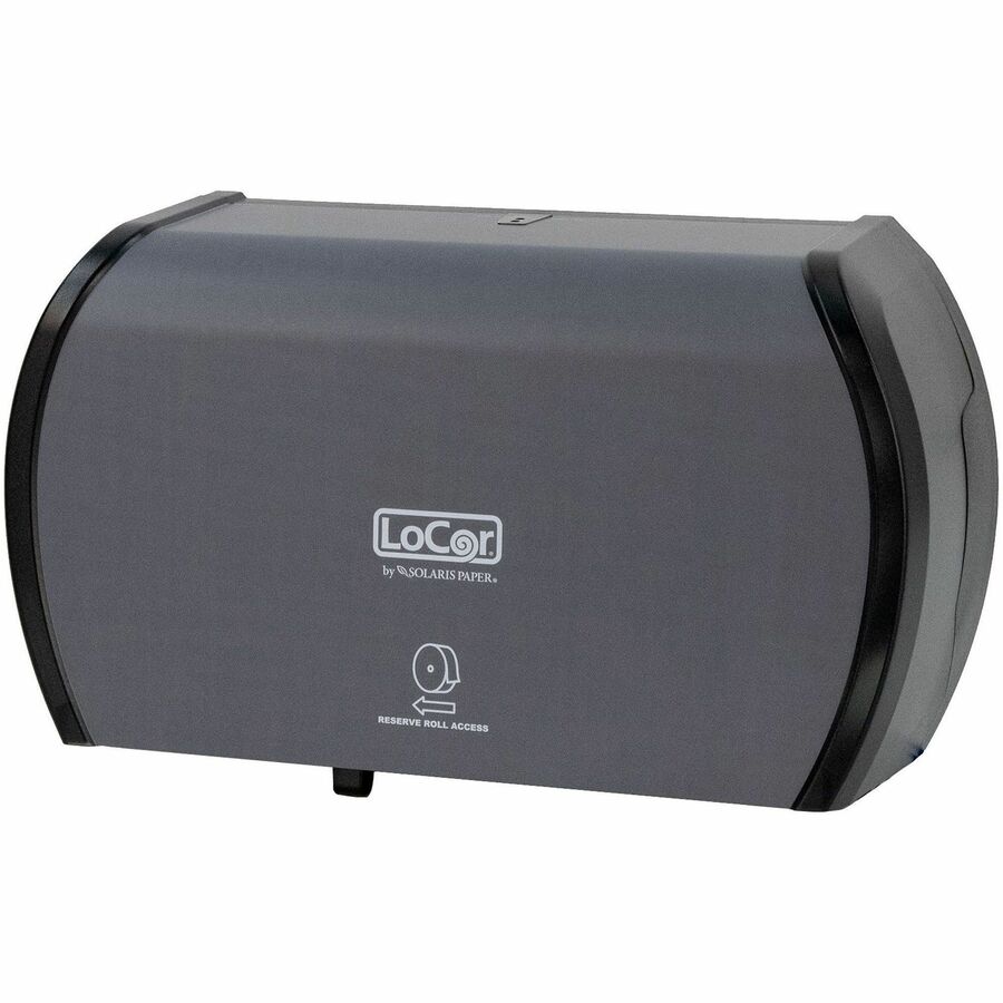 LoCor Side-By-Side Bath Tissue Dispenser, Roll Dispenser, 3000 Sheet Capacity, 5.2" H x 15" W x 8.9" D, Matte Gray, Sliding Door, Lockable, 1 Each