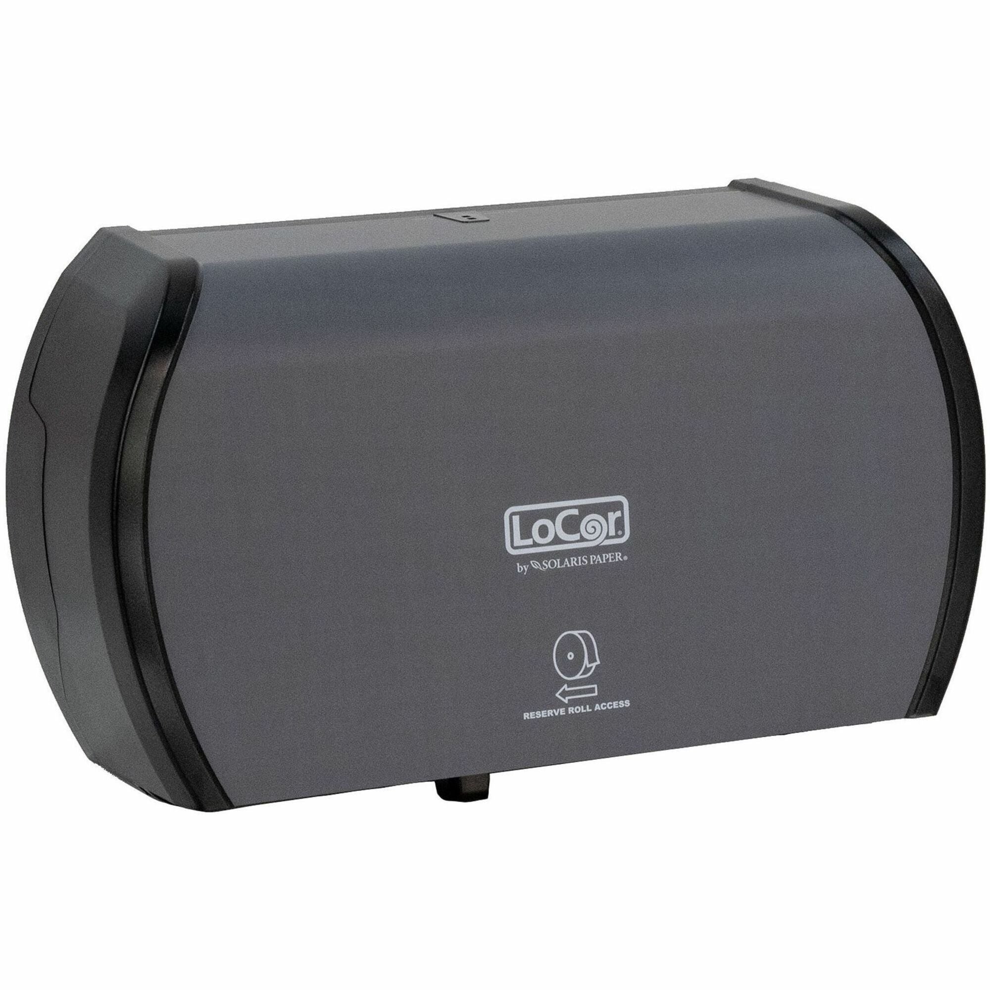 LoCor Side-By-Side Bath Tissue Dispenser, Roll Dispenser, 3000 Sheet Capacity, 5.2" H x 15" W x 8.9" D, Matte Gray, Sliding Door, Lockable, 1 Each