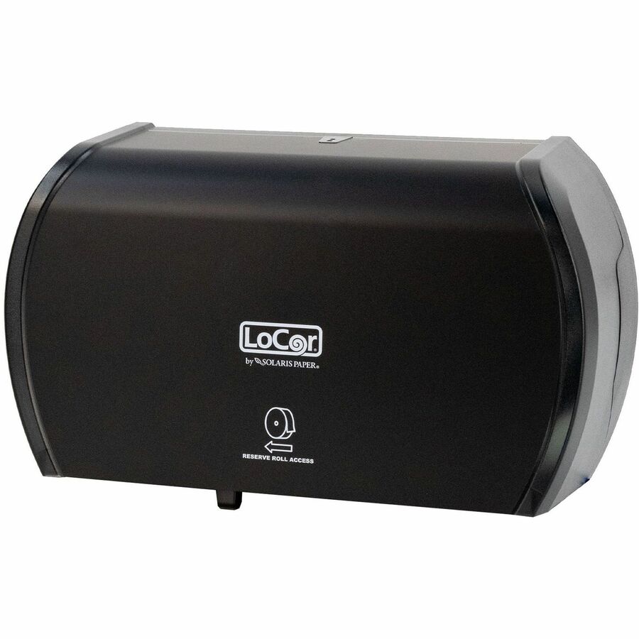 LoCor Side-By-Side Bath Tissue Dispenser, Roll Dispenser, 3000 Sheet Capacity, 5.2" H x 15" W x 8.9" D, Matte Black, Sliding Door, Lockable, 1 Each