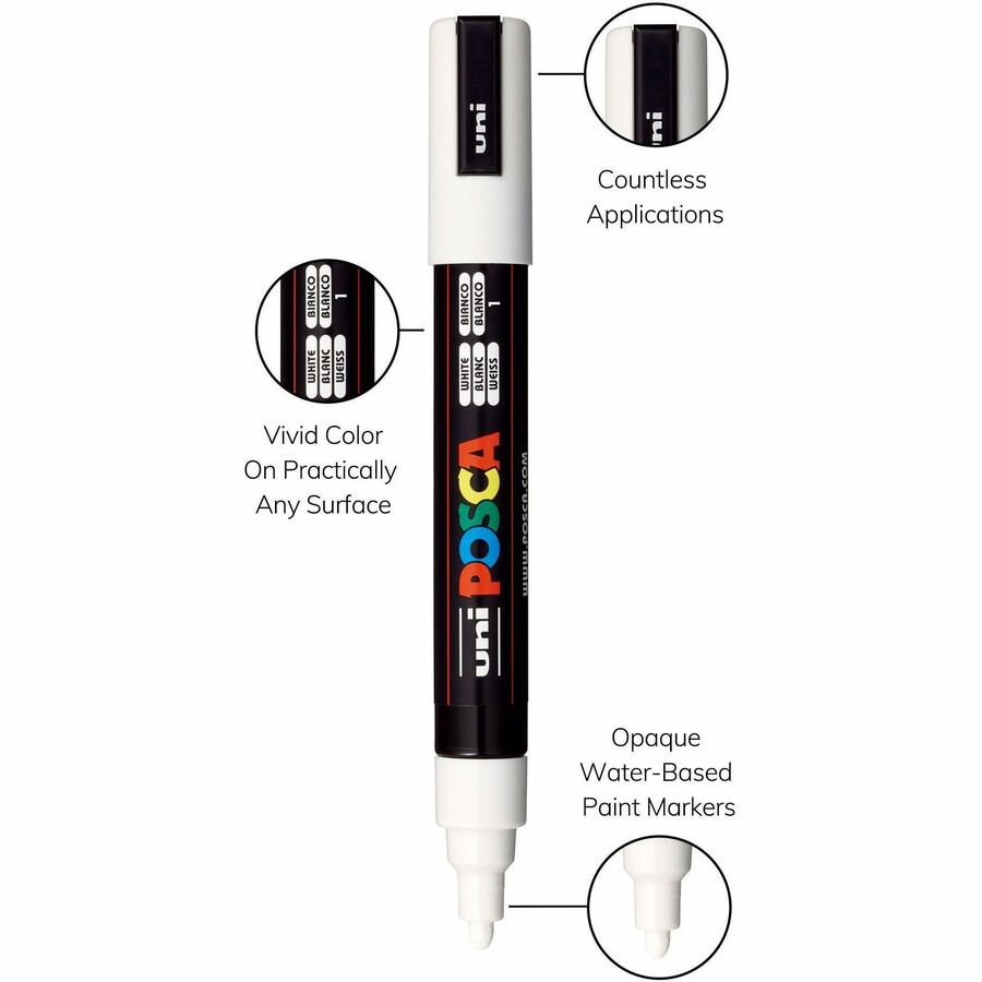 uniball™ POSCA Paint Marker - 1.8 mm Medium Bullet, 2.5 mm Marker Point - Erasable - Washable - Black, White, Gold, Silver Ink - Water Based - 4 / Pack