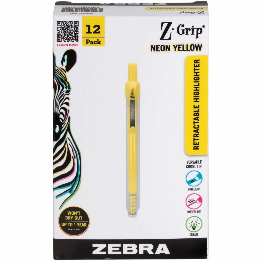 Zebra Pen Z-Grip Retractable Highlighter - Chisel Marker Point - Retractable - Neon Yellow Ink - 1 Dozen