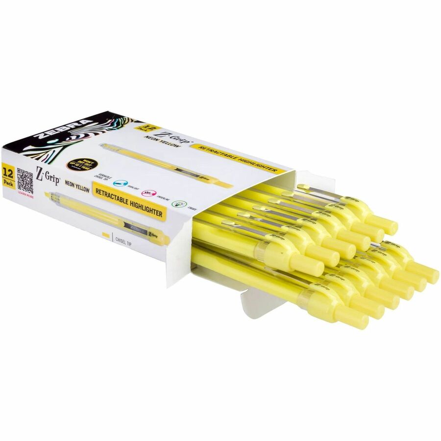 Zebra Pen Z-Grip Retractable Highlighter - Chisel Marker Point - Retractable - Neon Yellow Ink - 1 Dozen