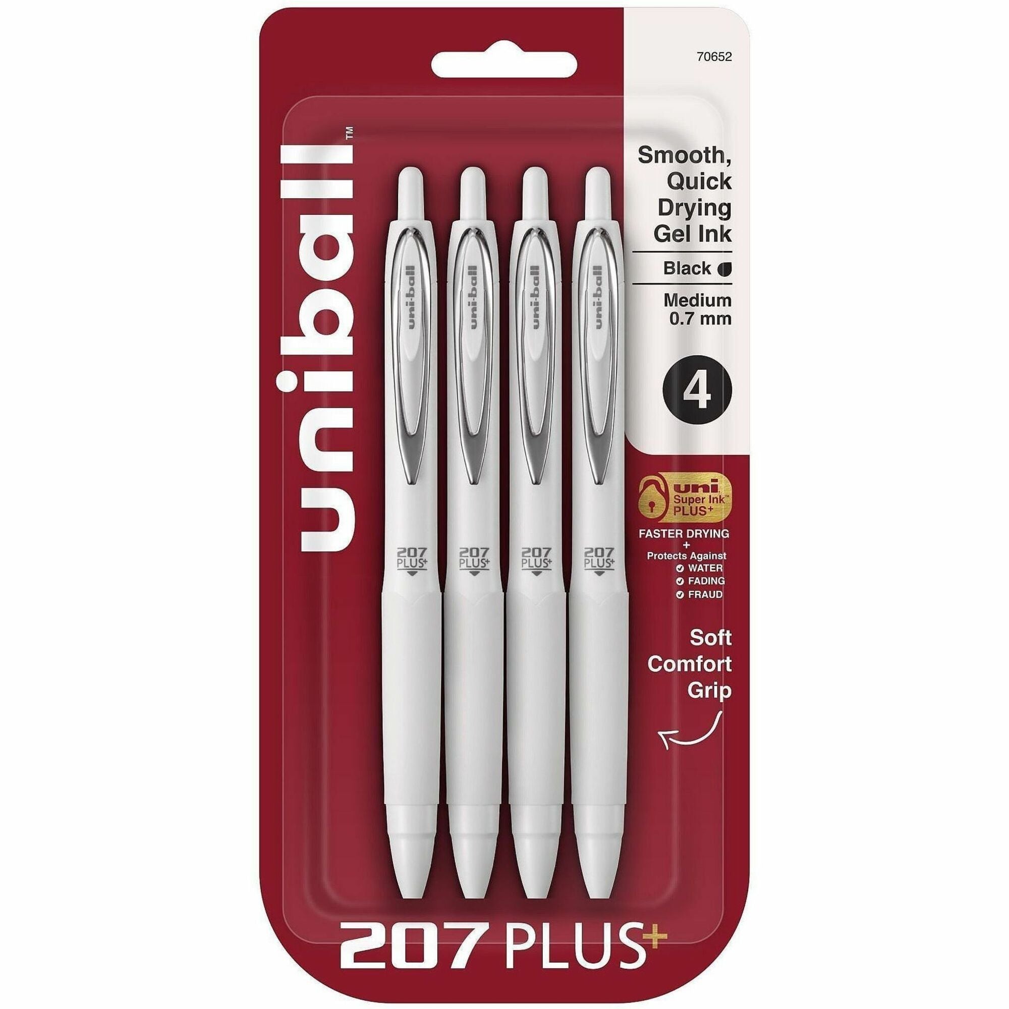 uniball™ 207 Plus Retractable Gel Pens - 0.7 mm Medium Pen Point - Retractable - Black Ink - Gel-based, Nanofiber Ink - White Barrel - Stainless Steel Tip - 4 / Pack