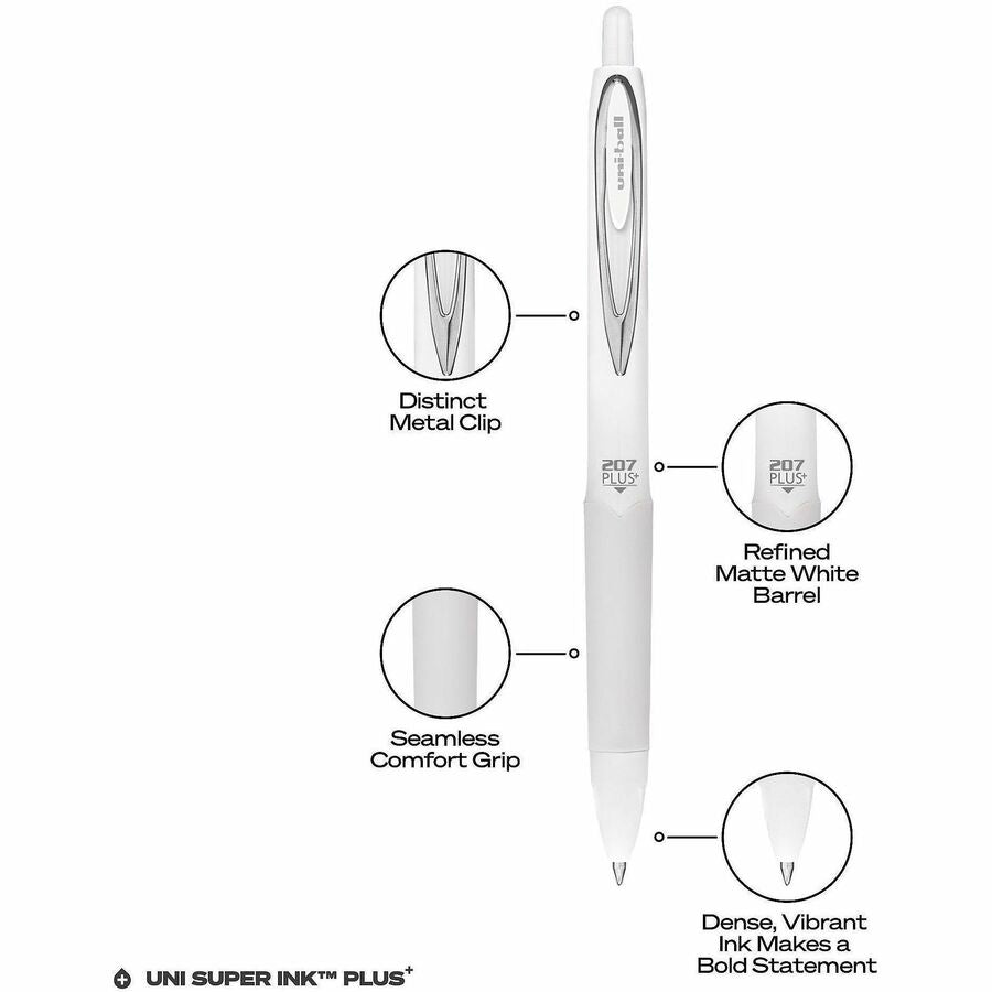 uniball™ 207 Plus Retractable Gel Pens - 0.7 mm Medium Pen Point - Retractable - Black Ink - Gel-based, Nanofiber Ink - White Barrel - Stainless Steel Tip - 4 / Pack