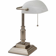 Victory Light Banker's Brass Desk Lamp - 14.8" Height x 6.5" Width - 10 W LED Bulb - Brushed Nickel - Rotating Glass Shade, Hanging Chain - Metal - Desk Mountable - Nickel, White - for Desk, Bank, Office, Home