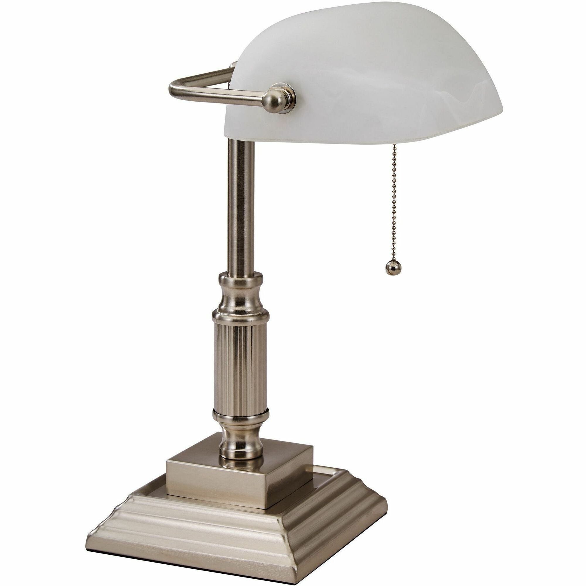 Victory Light Banker's Brass Desk Lamp - 14.8" Height x 6.5" Width - 10 W LED Bulb - Brushed Nickel - Rotating Glass Shade, Hanging Chain - Metal - Desk Mountable - Nickel, White - for Desk, Bank, Office, Home