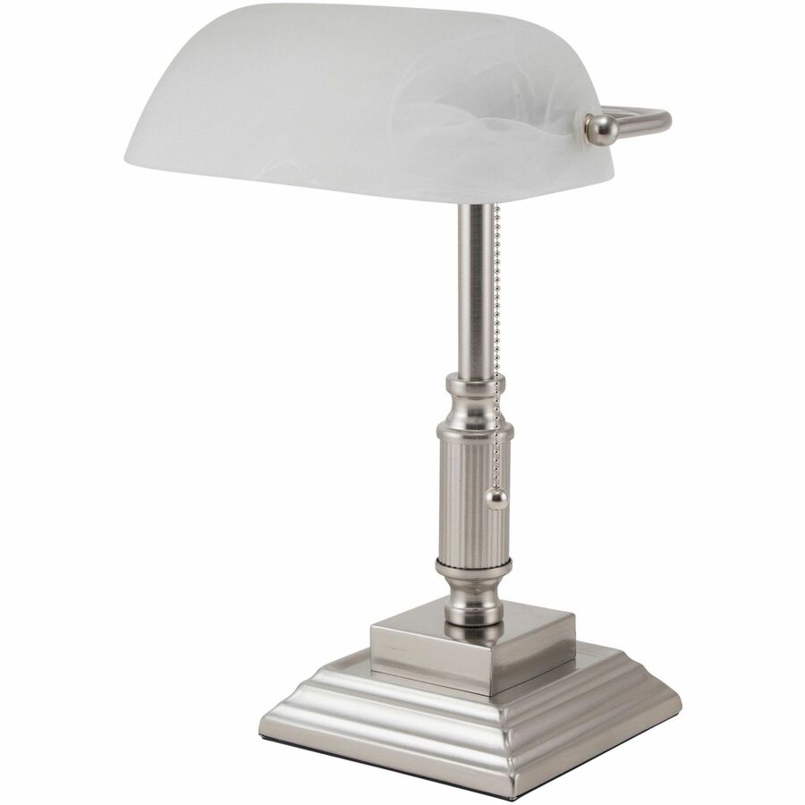 Victory Light Banker's Brass Desk Lamp - 14.8" Height x 6.5" Width - 10 W LED Bulb - Brushed Nickel - Rotating Glass Shade, Hanging Chain - Metal - Desk Mountable - Nickel, White - for Desk, Bank, Office, Home