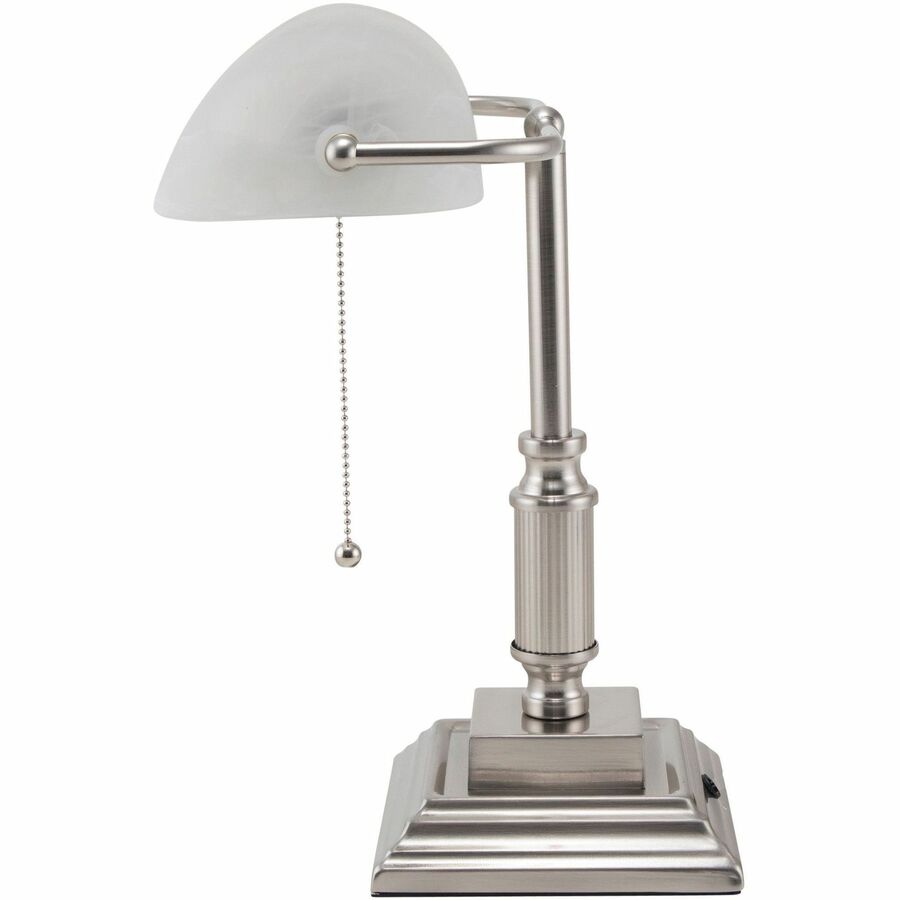Victory Light Banker's Brass Desk Lamp - 14.8" Height x 6.5" Width - 10 W LED Bulb - Brushed Nickel - Rotating Glass Shade, Hanging Chain - Metal - Desk Mountable - Nickel, White - for Desk, Bank, Office, Home