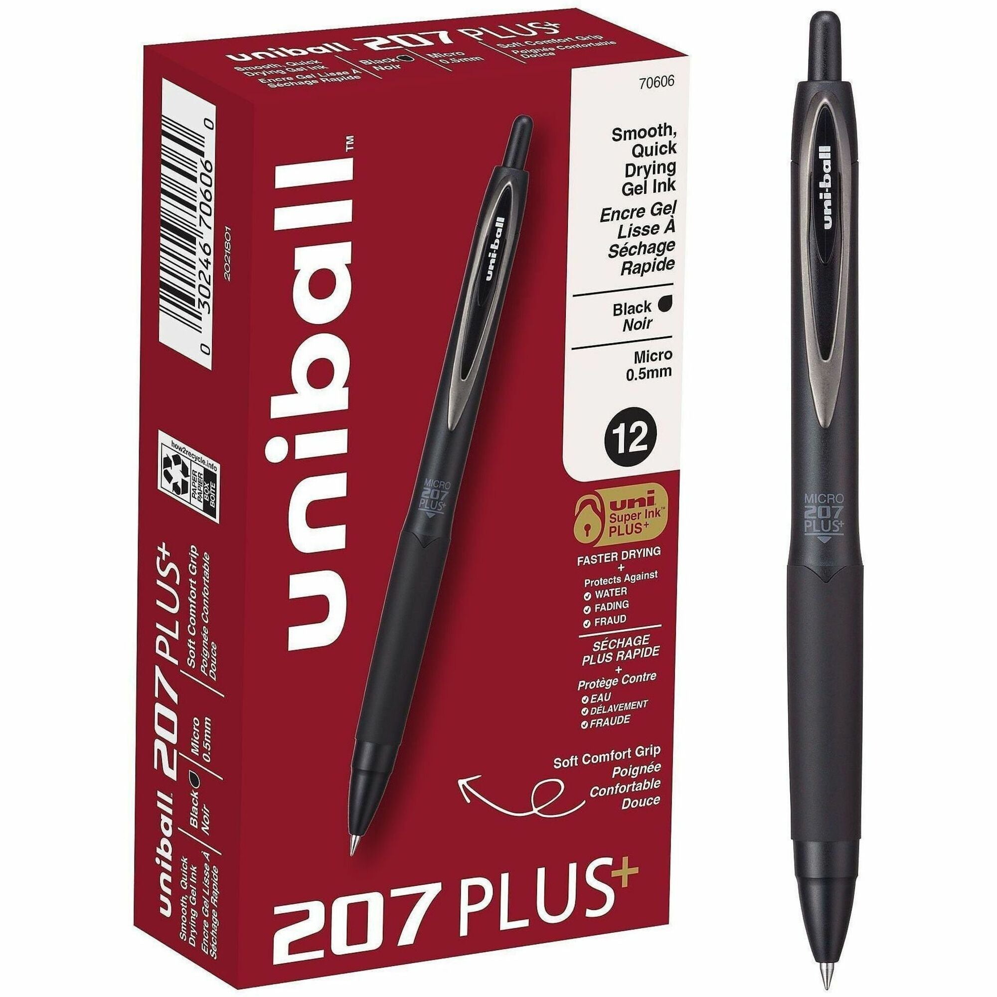 uniball™ 207 Plus Retractable Gel Pens - 0.5 mm Pen Point - Medium Marker Point - Retractable - Black Ink - Gel-based, Nanofiber Ink - Black, Metallic Barrel - Stainless Steel Tip - 1 Dozen