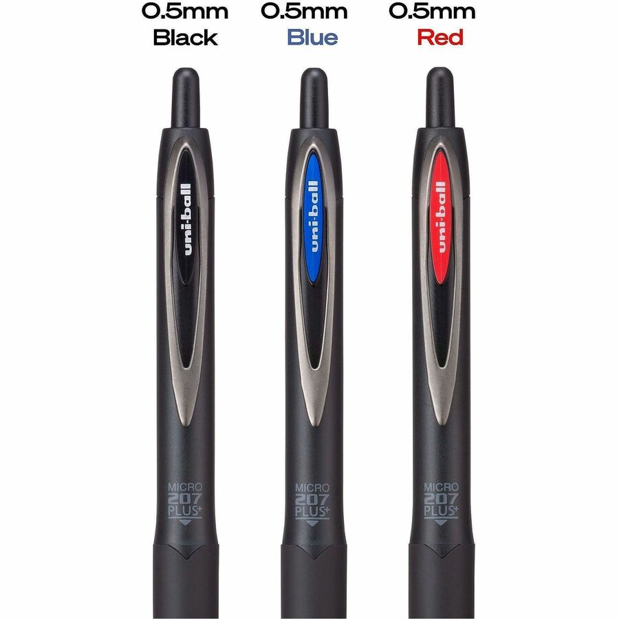 uniball™ 207 Plus Retractable Gel Pens - 0.5 mm Pen Point - Medium Marker Point - Retractable - Black Ink - Gel-based, Nanofiber Ink - Black, Metallic Barrel - Stainless Steel Tip - 1 Dozen