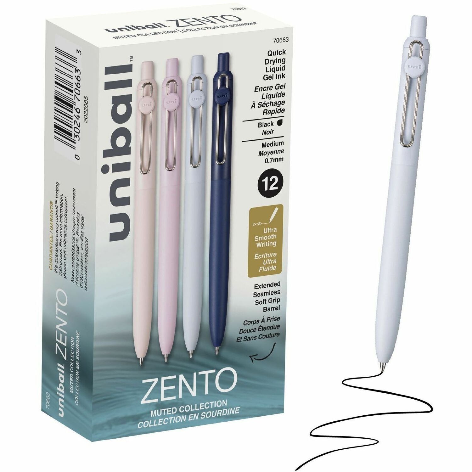 uniball Zento Gel Pen, 0.7 mm Medium, Retractable, Black Ink, Liquid Gel Ink, Soft Grip, 1 Dozen