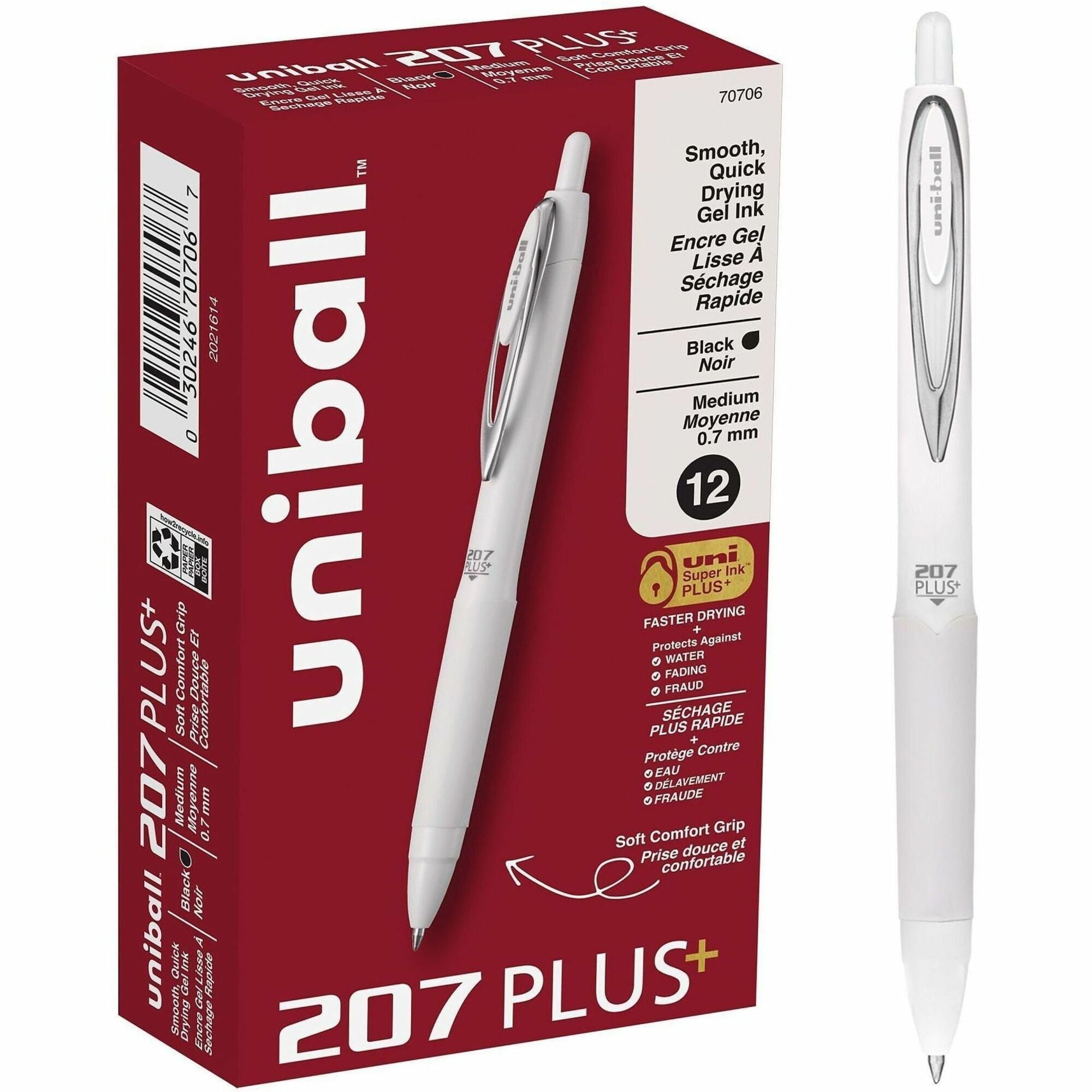 uniball™ 207 Plus Retractable Gel Pens - 0.7 mm Medium Pen Point - Retractable - Black Ink - Nanofiber Ink, Gel-based - White Barrel - Stainless Steel Tip - 1 Dozen