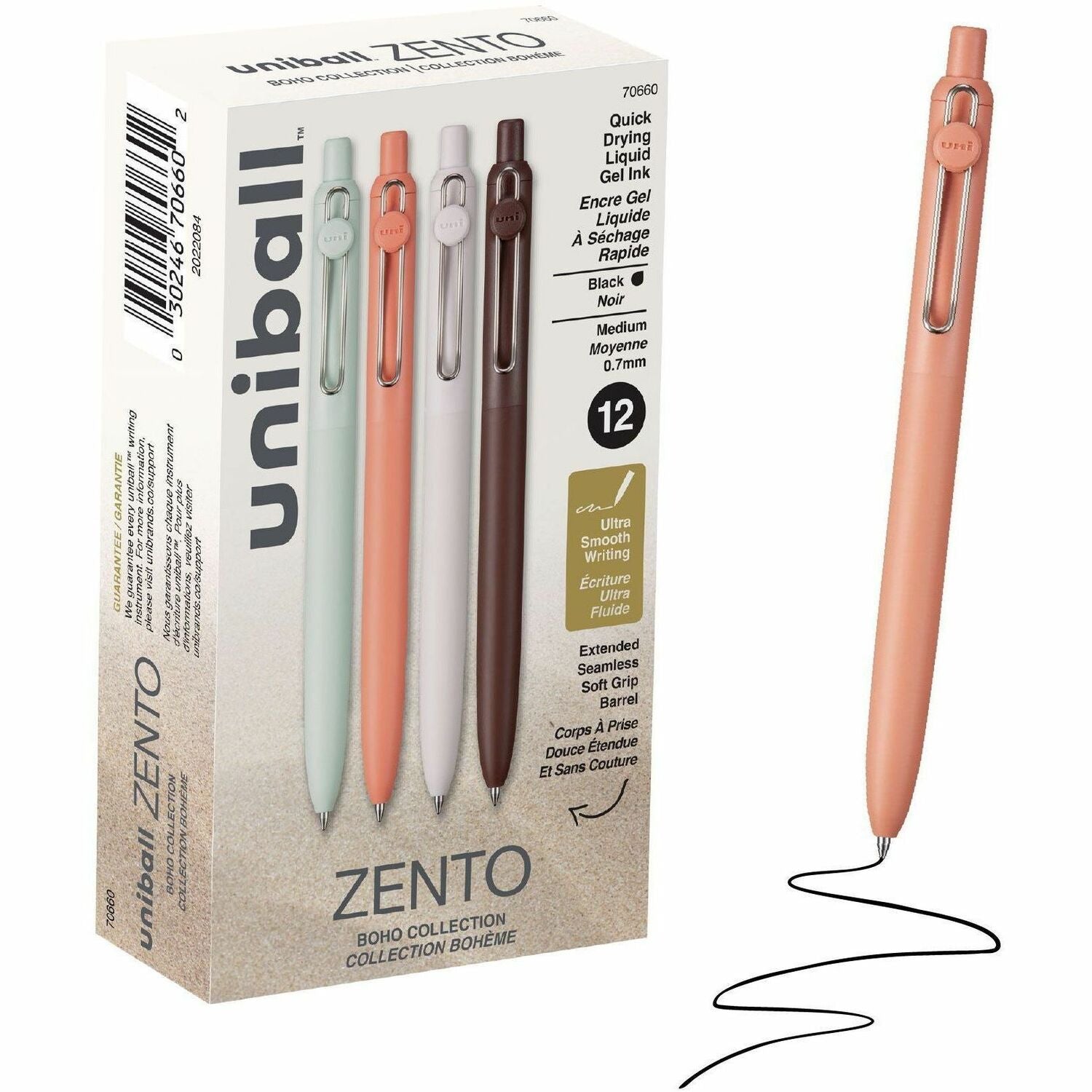 uniball Zento Gel Pen, 0.7 mm Medium, Retractable, Black Ink, Liquid Gel Ink, Soft Grip, 1 Dozen
