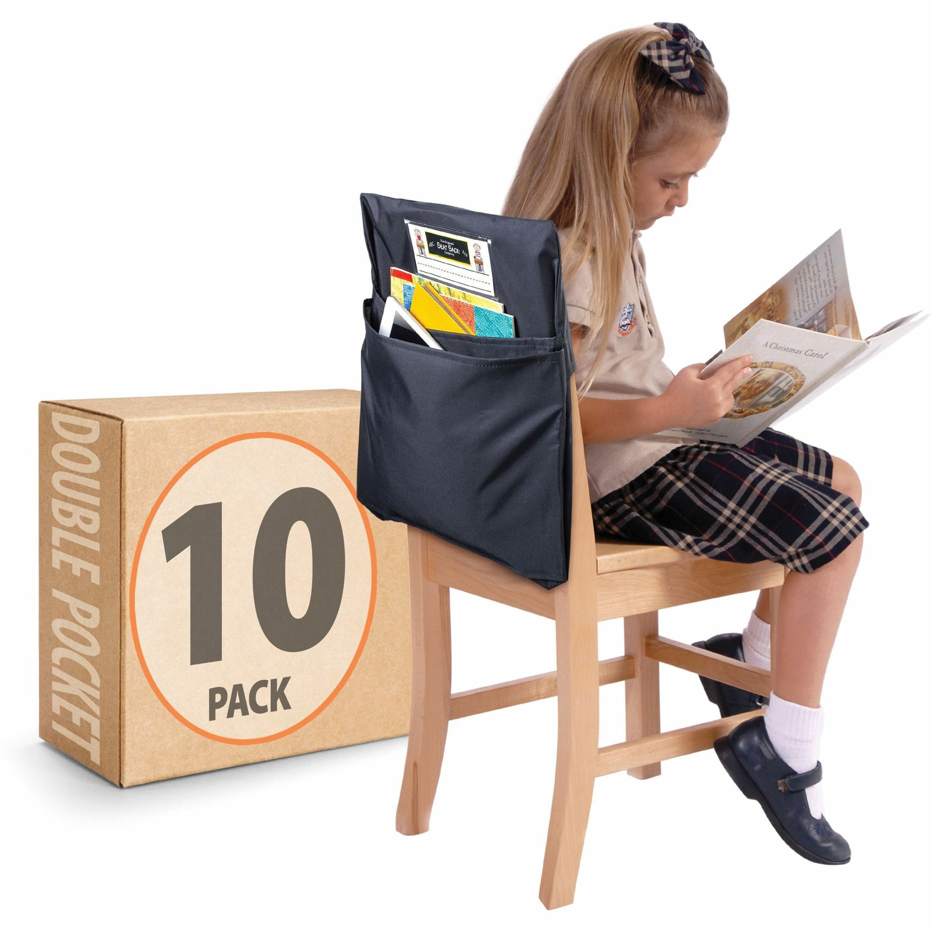 Seat Sack Classroom Pack 2-Pocket - 2 Pocket(s) - 2 Compartment(s) - 14" Width x 2" Depth - Chair - Desk Space, Durable, Laminated, Expandable, Washable - Black - Poly Cotton - 10/Pack - 1 Carton