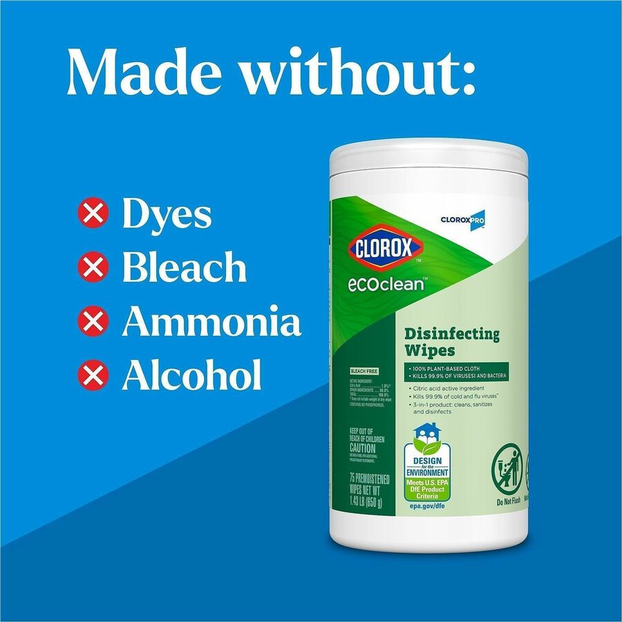 For Multi Surface, Multipurpose - Ready-To-Use - Wipe - Dye-free, Bleach-free, Ammonia-free, Chemical-free - Green - 75/Tub - 6 / Carton