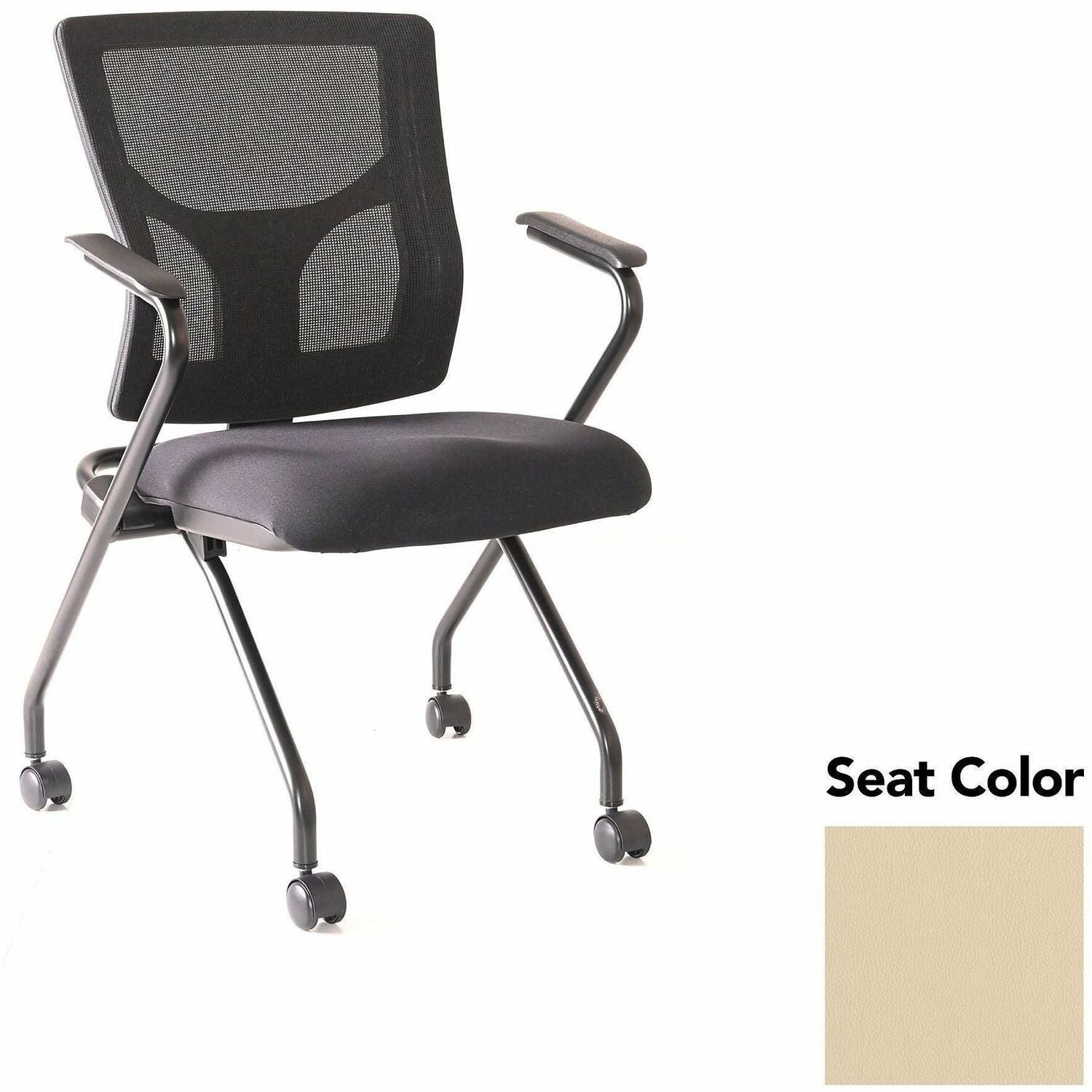 Lorell Conjure Mesh Training Chairs with Arms, High Back, Dillon Buff Seat, Black, Polyurethane and Foam Seat, Mesh Back, Fixed Armrest, 2 per Carton