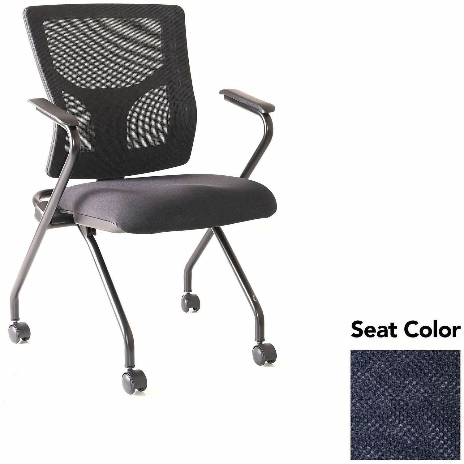 Lorell Conjure Mesh Training Chairs with Arms, High Back, Perfection Navy Seat, Black Frame, Polyurethane and Foam Seat, Mesh Back, Fixed Armrests, Powder-Coated Metal Legs, 2 Chairs per Carton