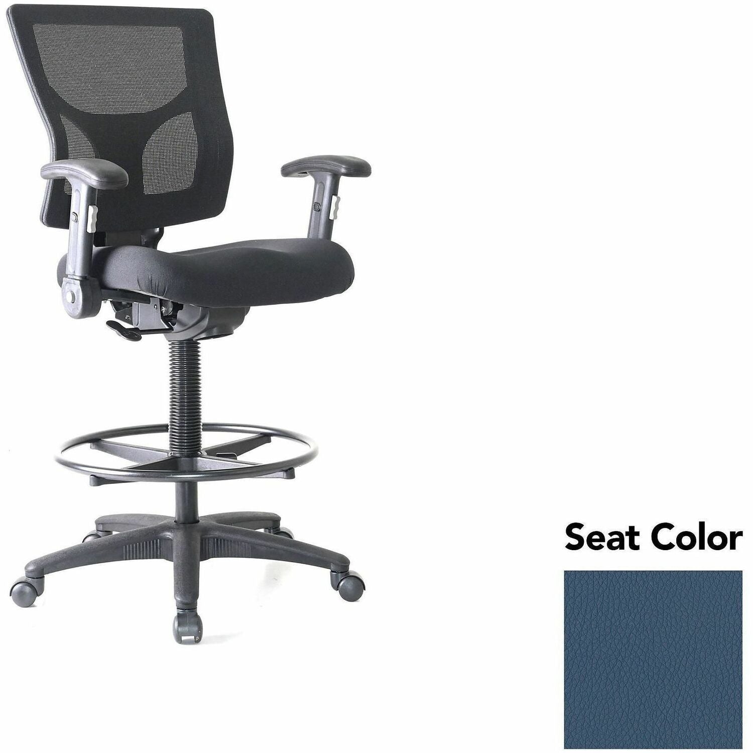 Lorell Conjure Office Stool, Dillon Ocean Seat, Polyurethane Foam Seat, Mesh Back, Adjustable Armrests, 360° Swivel, Footrest, 1 Each