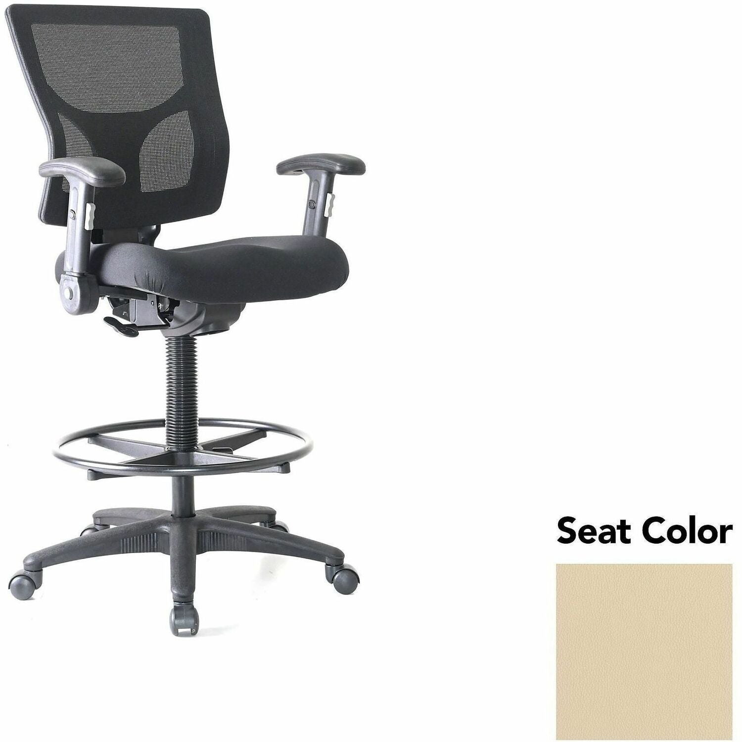 Lorell Conjure Office Stool, Dillon Buff, Polyurethane Foam Seat, Mesh Back, Adjustable Armrests, Swivel, Footrest, 1 Each