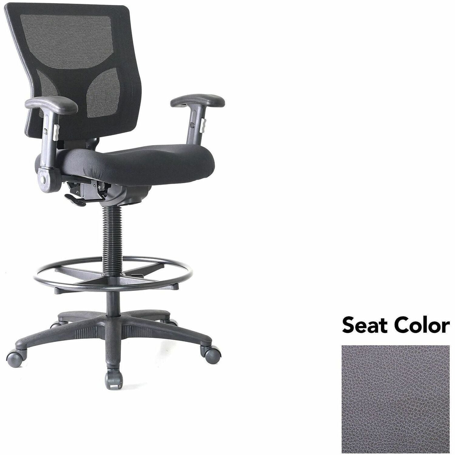 Lorell Conjure Office Stool, Canyon Carbon Seat, Polyurethane Foam Seat, Mesh Back, Adjustable Armrests, 360° Swivel, Footrest, Nylon Base, Casters, 1 Each