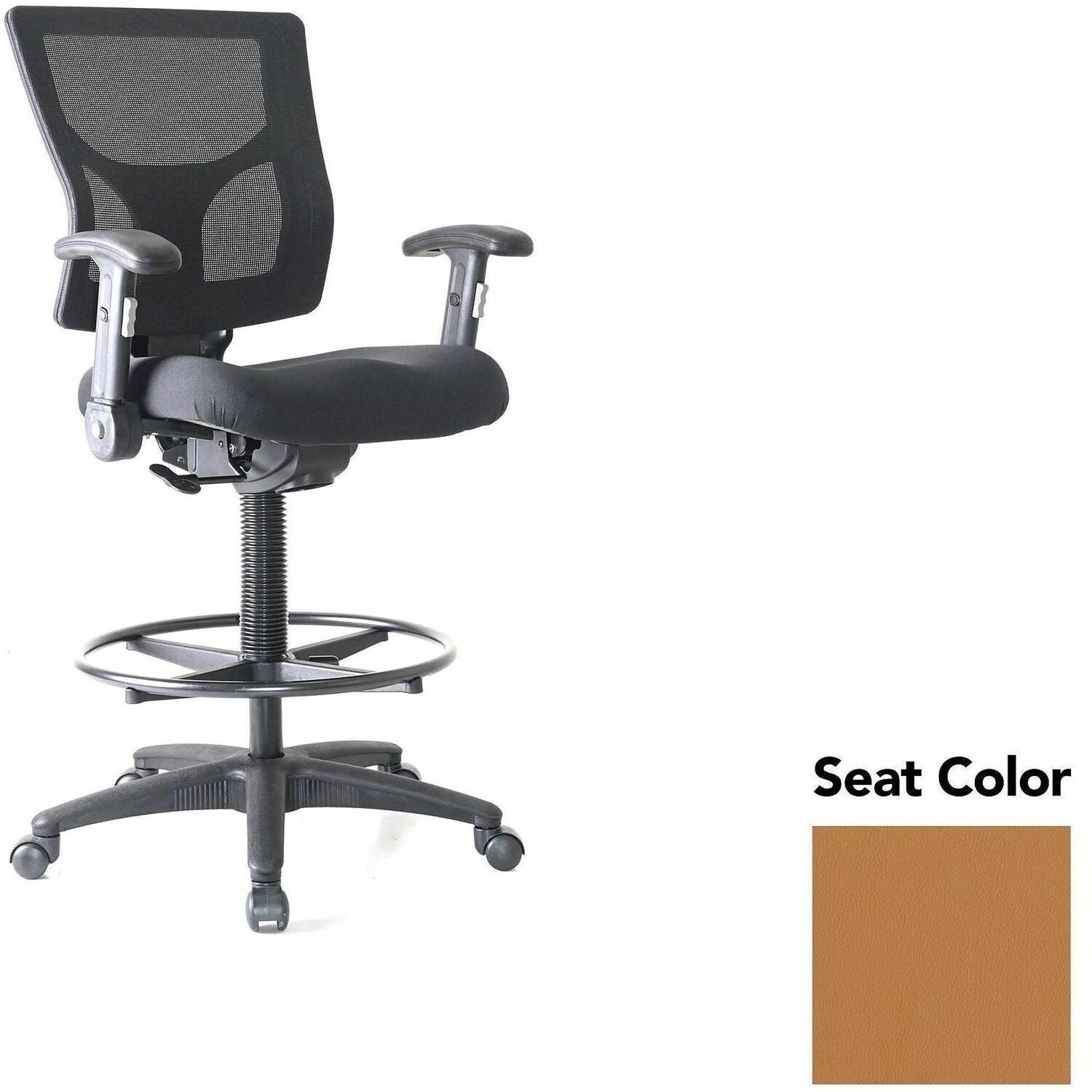 Lorell Conjure Office Stool, Dillon Fiesta Seat, Polyurethane Foam Seat, Mesh Back, Adjustable Armrests, 360° Swivel, Footrest Ring, Nylon Base, 1 Each