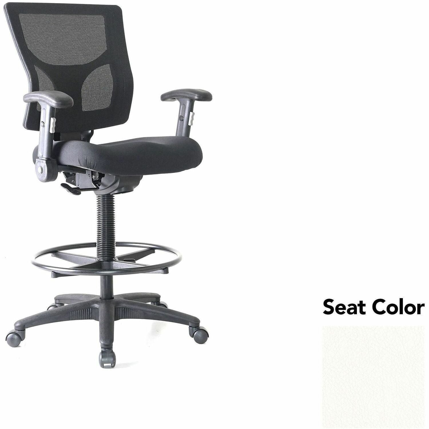 Lorell Conjure Office Stool, Dillon Snow Seat, Polyurethane Foam Seat, Mesh Back, Adjustable Armrests, 360° Swivel, Footrest, 1 Each