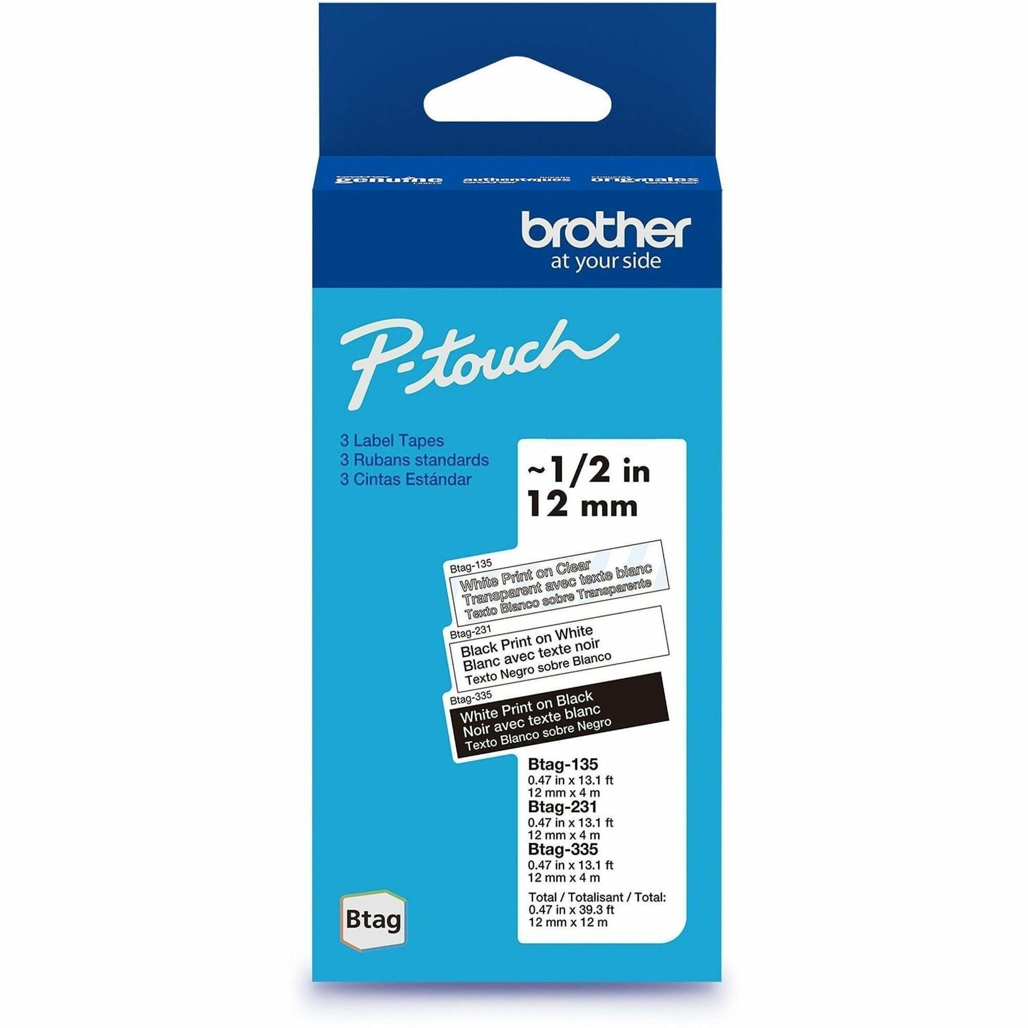 Brother P-touch Label Tape, 15/32" x 13 1/8 ft, White on Clear, Black on White, White on Black, Water/Temperature/Fade Resistant, Easy Peel, Removable, Plastic, 3 Pack