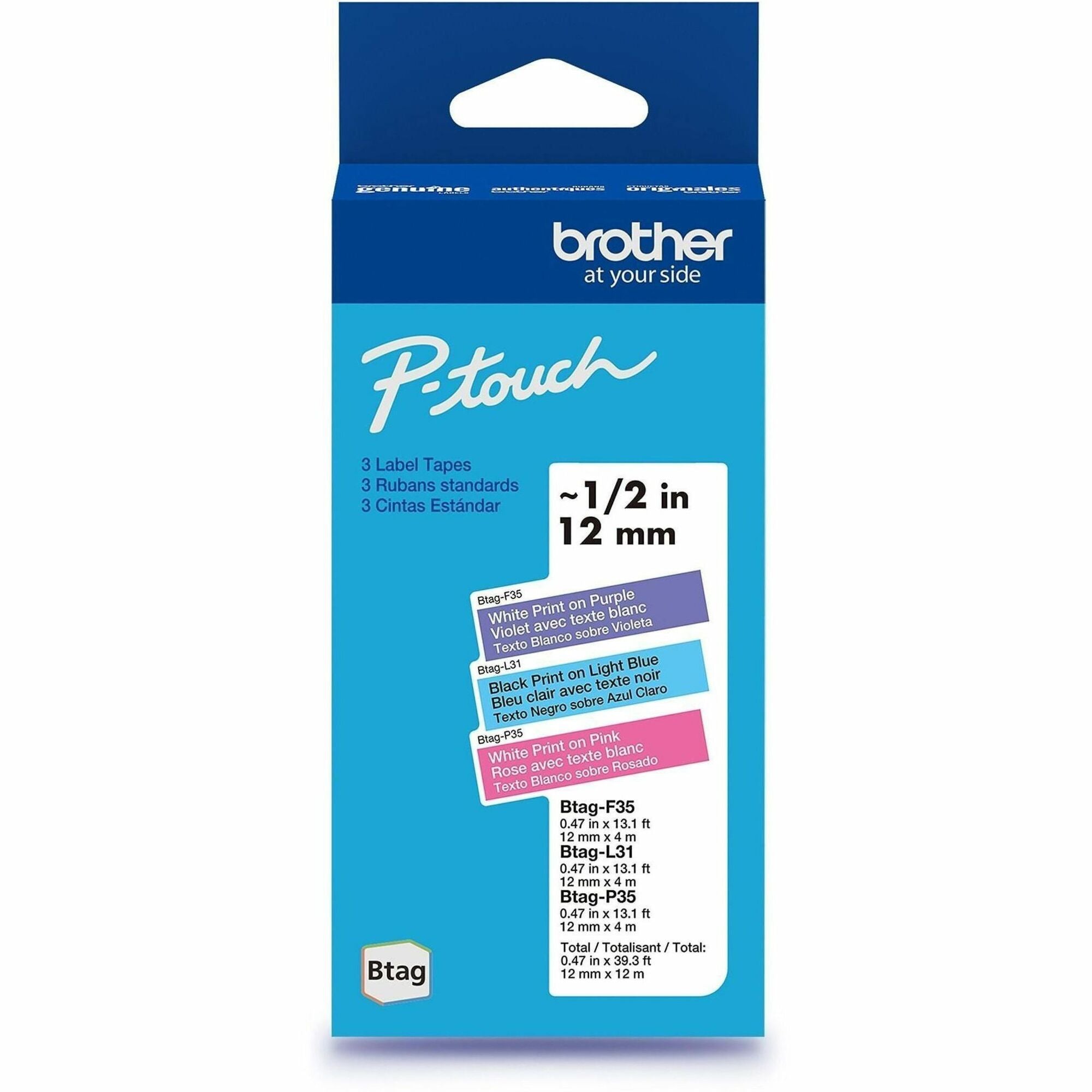 Brother P-touch Label Tape, 15/32" x 13 1/8 ft, White on Purple, Black on Light Blue, White on Pink, Water & Fade Resistant, Easy Peel, Removable, Plastic, 3/Pack