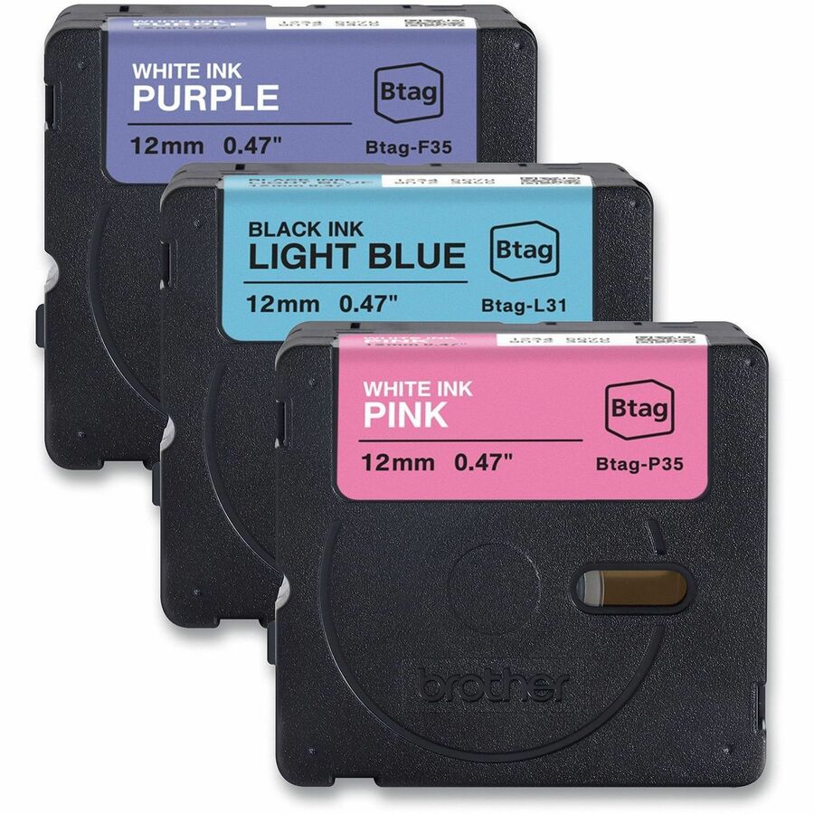 Brother P-touch Label Tape, 15/32" x 13 1/8 ft, White on Purple, Black on Light Blue, White on Pink, Water & Fade Resistant, Easy Peel, Removable, Plastic, 3/Pack