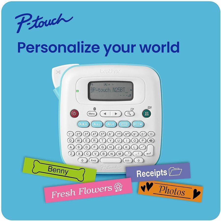 Thermal Transfer - 0.47 in/s Mono - 3 Fonts - 3 Font Size - 7 Text Style - 180 dpi - Label - 0.47" - Battery - 6 Batteries Supported - AAA - White, Teal - Handheld, Desktop - Handheld - QWERTY, Manual Cutter, Auto Numbering, Horizontal Alignment, Vertical