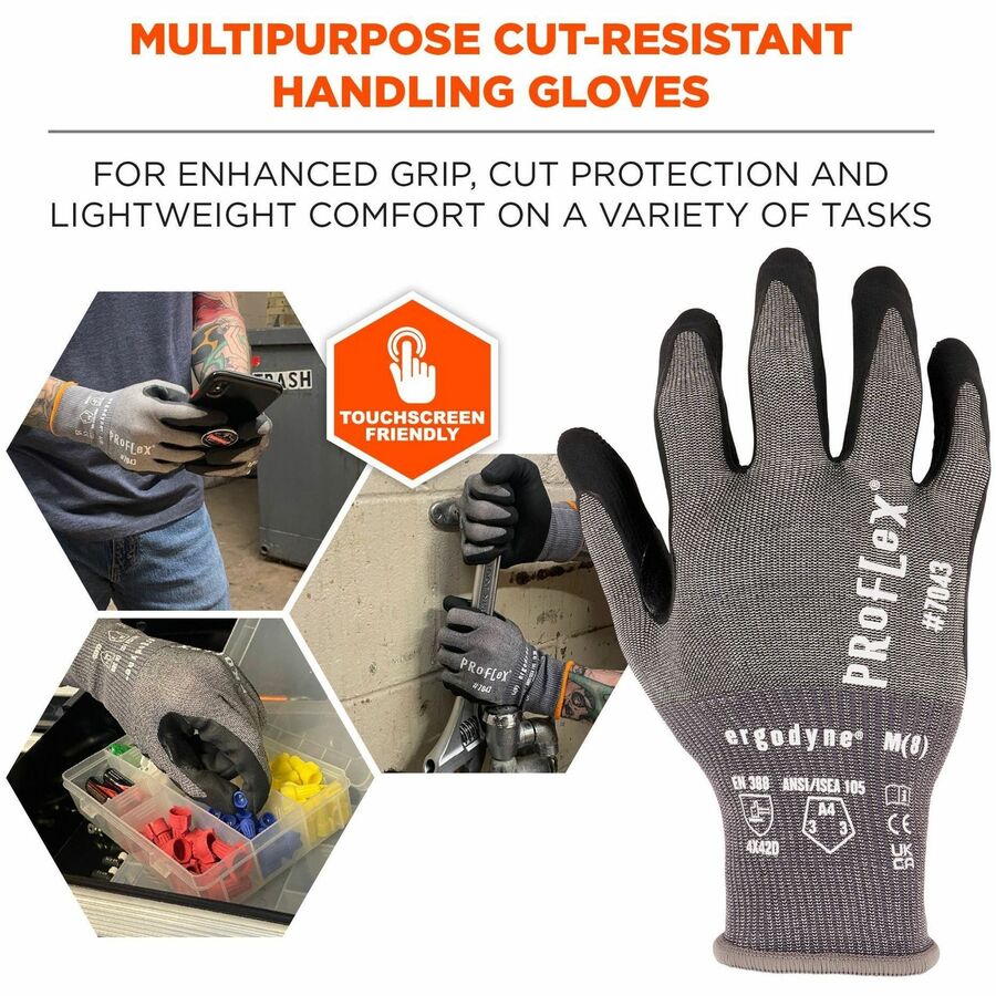 Ergodyne ProFlex 7043 Nitrile-Coated Cut-Resistant Gloves, X-Large, Gray, Touchscreen Capable, ANSI A4 Cut Level, 18-Gauge HPPE/Nylon Spandex, Reinforced Thumb, 2 Pairs per Pack