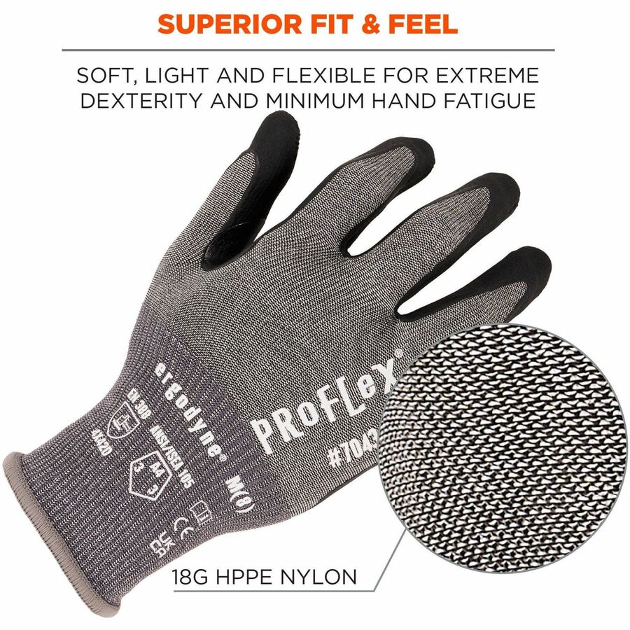 Ergodyne ProFlex 7043 Nitrile-Coated Cut-Resistant Gloves, Large, Gray, Touchscreen Capable, ANSI A4 Cut Level, 18-Gauge HPPE/Nylon Spandex, 2 Pairs per Pack