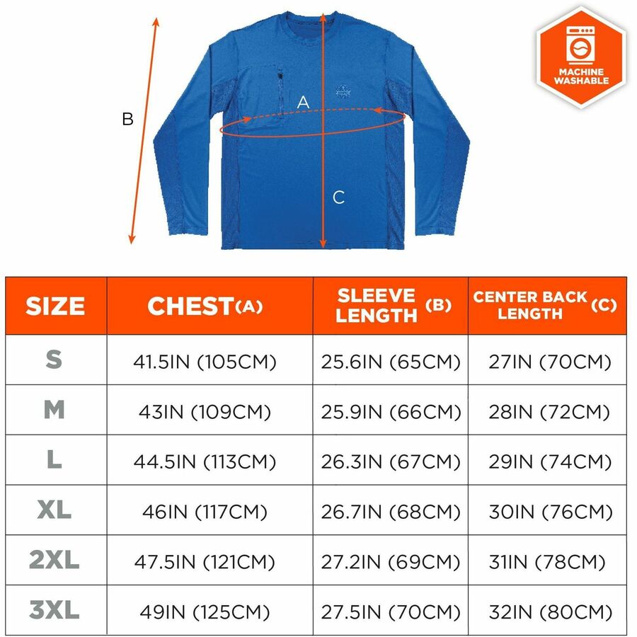 Ergodyne 6689 Cooling Long-Sleeve Shirts - 2XL Size - Fabric, MicroFiber, Polyester, Spandex - Blue