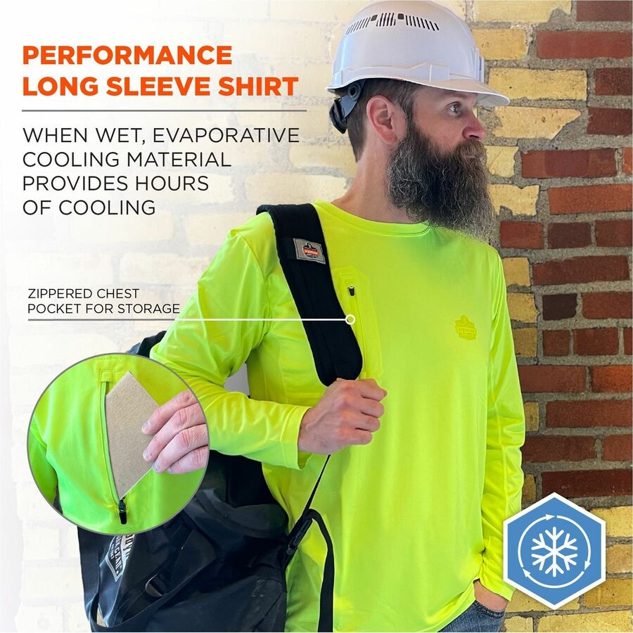Ergodyne 6689 Cooling Long-Sleeve Shirts - 3XL Size - Fabric, MicroFiber, Polyester, Spandex - Lime